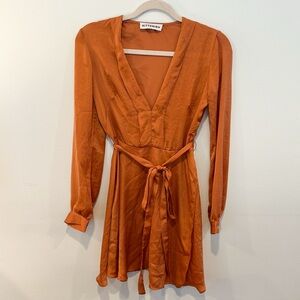 Kittenish Long Sleeve Short Dress | Rust Orange | Ruffle Tie Belt